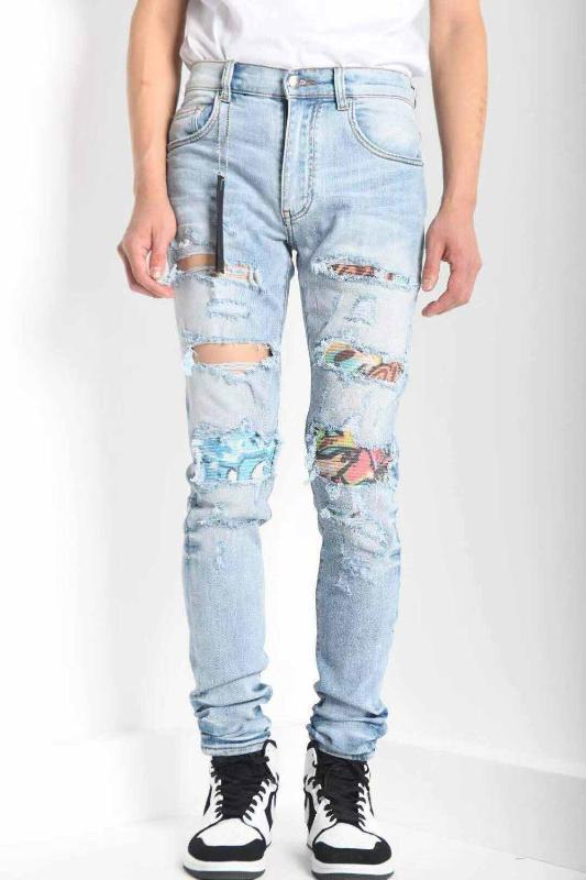 

men art ribbed patch skinny distressed lt blue jeans, As pic