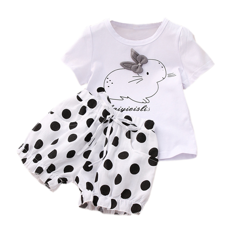 

Baby Girl Set Summer Cartoon T Shirt And Polka Dot Shorts Two-Piece Set Children Clothes Toddler Girls Kids Suit, White 100cm