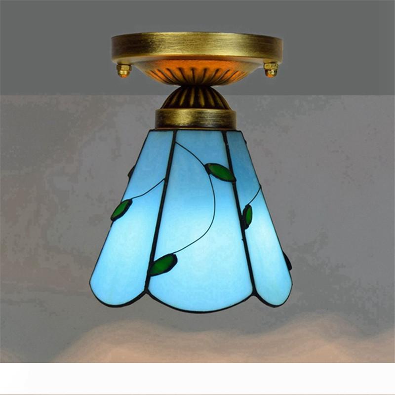 

Mediterranean style blue leaf glazed lamp Tiffany stained glass bedroom living room aisle corridor balcony small ceiling lamp TF063