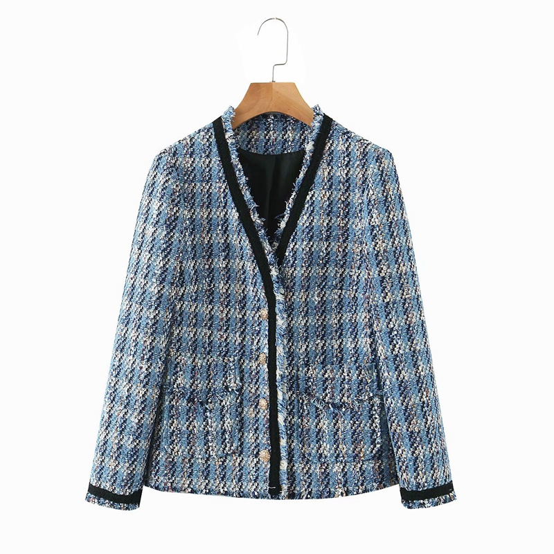 

Tweed Jacket Coat 2020 Autumn Women' Beading Long Sleeve Woolen Blazer Plaid Woolen Jacket Elegant Tweed Coat Outwear, Blue