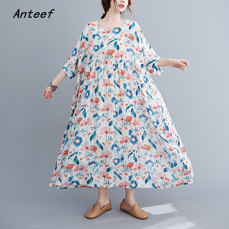 

cotton linen oversize plus size vintage floral for women casual loose long summer dress elegant clothes 2020 ladies dresses, 6688