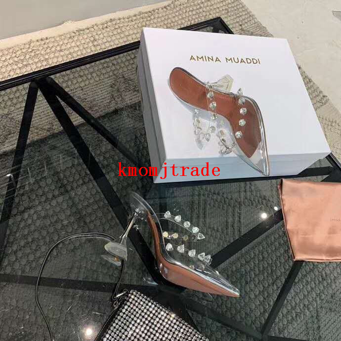 

Real Photos New Amina Muaddi Julia Crystal Pvc Glass Mules Transparent Pvc Clear Spiked Crystals Julia Mules Strap Shoes, As pic
