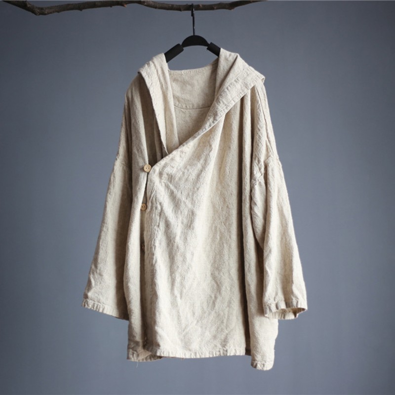 

NINI WONDERLAND Spring Autumn Hooded Coat Women Cotton Linen Shirt For Female Long Sleeve Casual Classic Clothing Top Plus Size, Natural