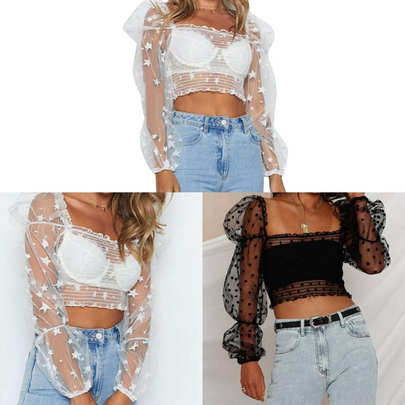

Women' Sexy Casual Stitching Perspective Mesh Wear Sunsn T-Shirt, Black