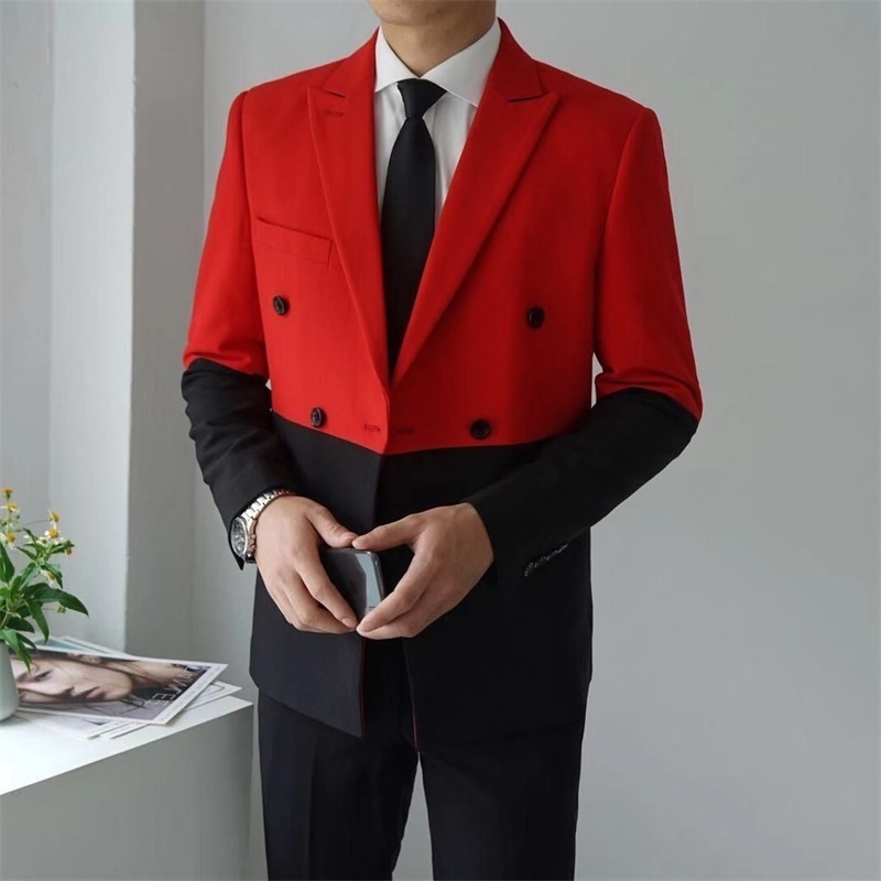 

Half Black Red White Hombre Double Breasted Masculino Slim Fit Wedding Prom Stylish Splice Men Blazer Homme