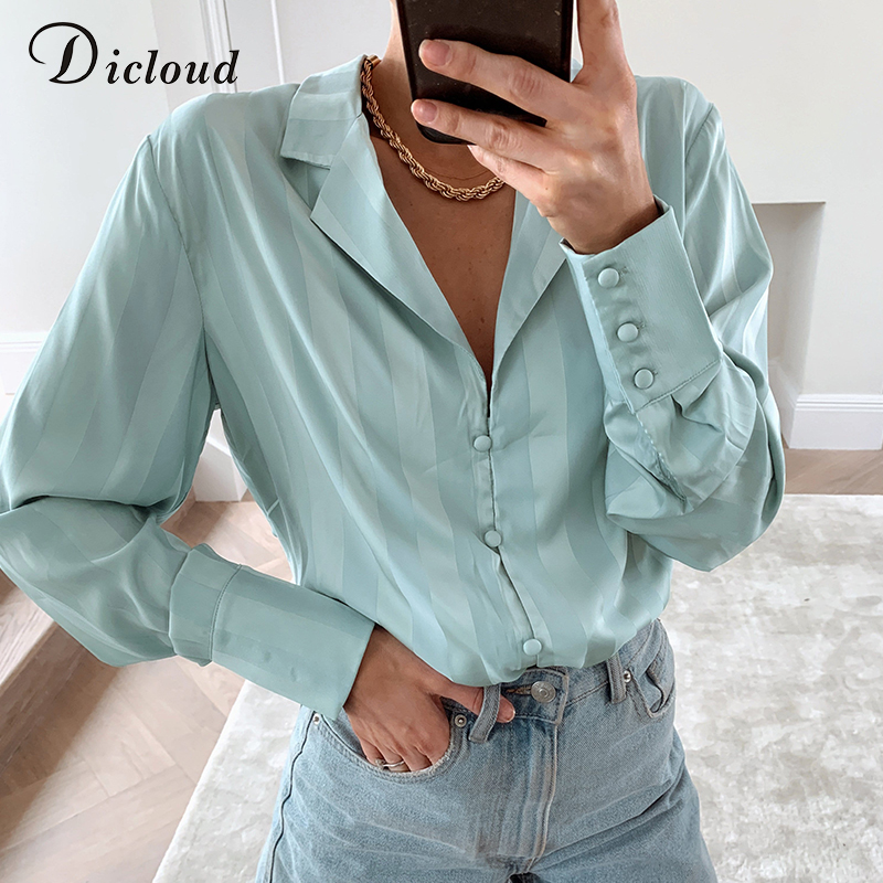 

DICLOUD Vintage Women' Blouse Mint White Turn-down Collar Long Sleeve Elegant Shirts Office Lady Autumn Winter Clothes Female
