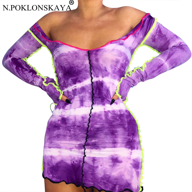 

2020 Bodycon Long Sleeve Slash Neck Tie Dye Patchwork Sexy Mini Dress Autumn Winter Women Fashion Streetwear Outfits Clubwear, Purple