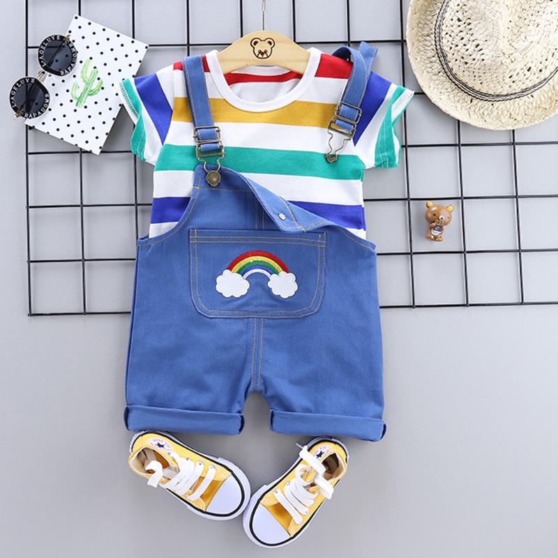 

6M-3Y) Children's striped rainbow short sleeve + rainbow strap shorts two pieces boutique striped top T-shirt baby S4, As photo