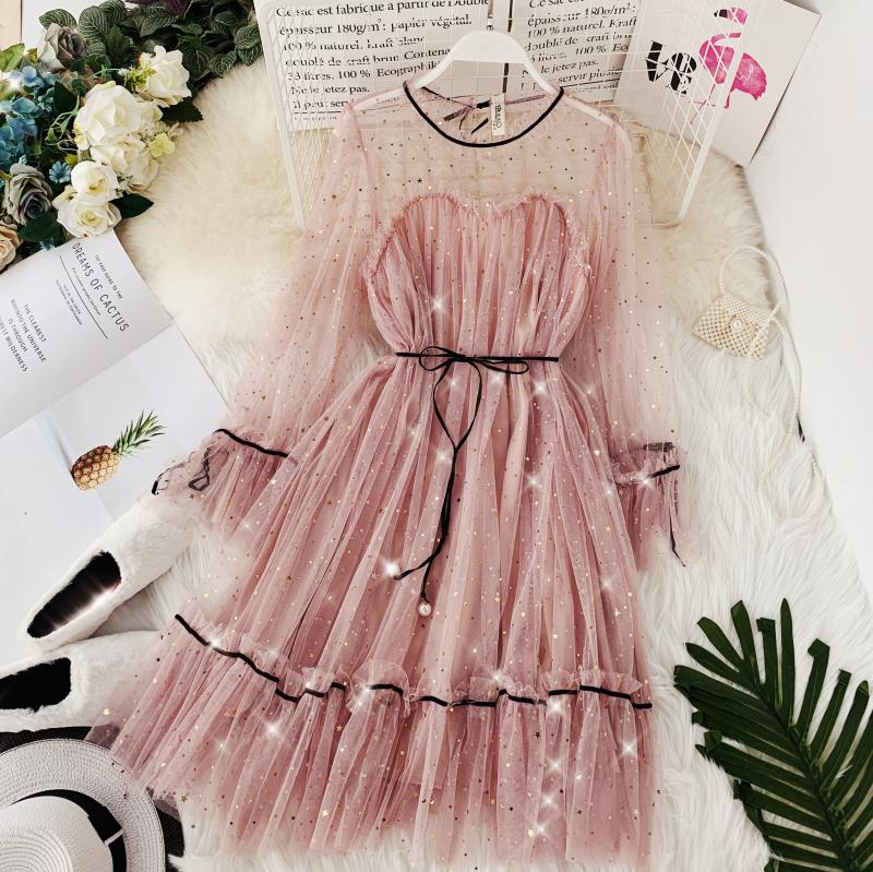 

2020 Summer Autumn New Women Star Sequins Gauze Flare Sleeve High Waist Princess Dress Female Elegant O-neck Mesh Dress Vestidos, Beige