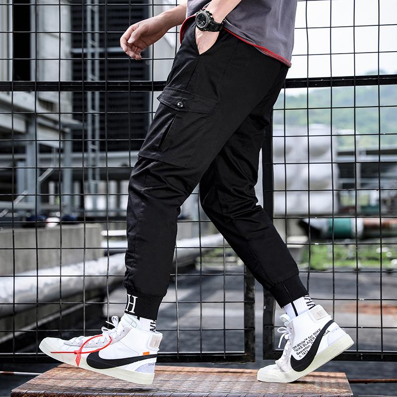 

Cargo Pants Men Streetwear Ribbons Casual Pants Men Black Mens Joggers Side-pockets Cotton Man Army Straight Trousers C136