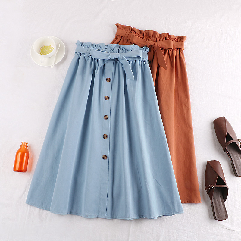 

Spring Summer Skirts Womens 2020 Midi Knee Length Korean Elegant Button High Waist Skirt Female Pleated School Skirt, Black