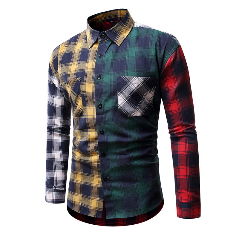 

Harajuku Fashion Korean Version of The Trend of Color Matching Plaid Shirt Men's Casual Hip Hop Loose Long-sleeved Shirt 5XL