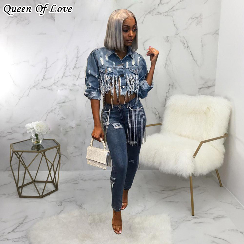 

Women Fashion Streetwear Jackets Blue Ripped Holes Denim Jacket Vintage Short Tassel Coats Jeans Harajuku Frayed Jackets