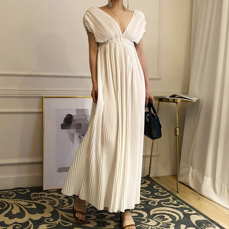 

Women Elegant Dress Summer Cotton Plain New Party Office Summer Vestido 2020 Fashion Long Dress Clothes Pleated, Beige