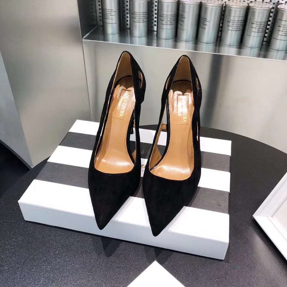 

New Season Aquazzura Forever Pumps Suede Leather Forever Pumps Pointed Toe Cut Out Detail High Stiletto Heel Shoes, Black