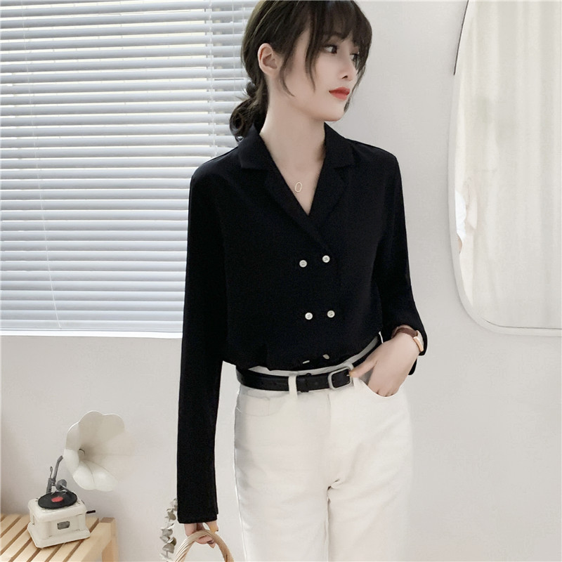 

Real Shot 2020 Autumn New Style Long-Sleeve Blouse Loose Solid Color Design Non-Mainstream Double Breasted V-neck Shirt Top, Black
