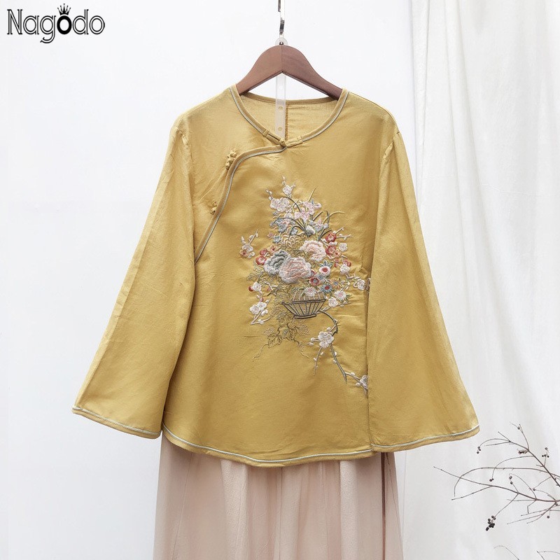 

Nagodo Embroidery Chinese Shirt 2020 Orgional Turnbuckle Long Sleeve Chinese Blouse Linen Clothing Women Suit Hanfu Top