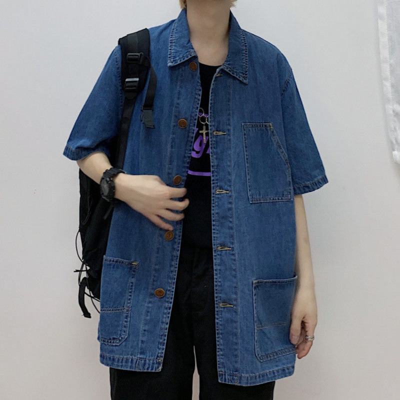 

Denim Shirt Men's Fashion Casual Retro Cotton Multi-pocket Denim Short Sleeve Shirt Men Streetwear Loose Tooling Shirts Mens, Denim blue