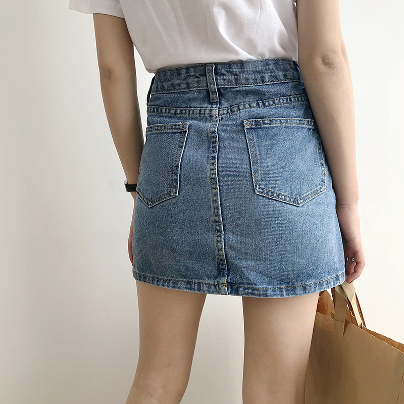 

new Women Summer Black Blue Solid Casual High Waist Pencil Denim Skirts High Street Pockets Button All-matched Jeans Skirt, Beige