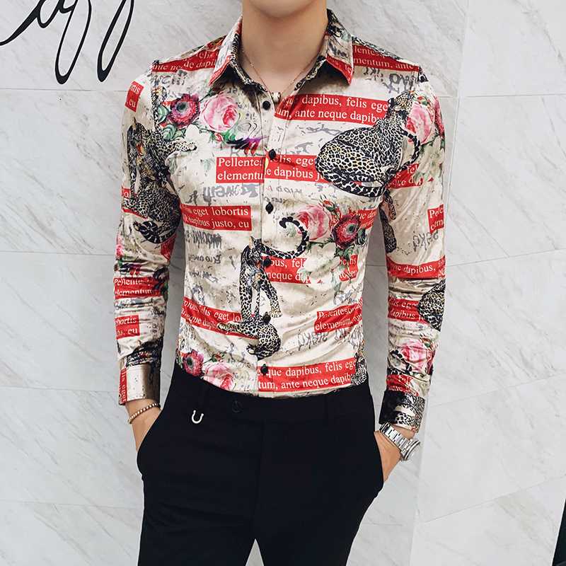 

Winter Stylish Party Dress Long Sleeves New Shirts Casual Baroque Velvet Shirts Mens Silk Flannel Leopard Print Clothing, Flower colour
