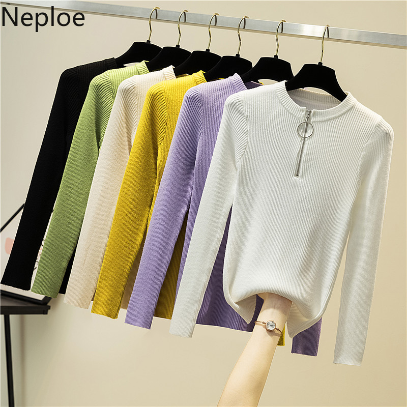 

Neploe 2020 Autumn Winter Baisc Knitted Sweater Korean Zipper O-neck Long Sleeve Pullover Knitwear Slim Fit Pull Femme 4D127, Apricot