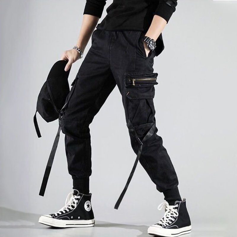 

Streetwear Black Cargo Pants Men Fashion Joggers Sweatpants Japanese Loose Casual Ankle length Trousers, As pic