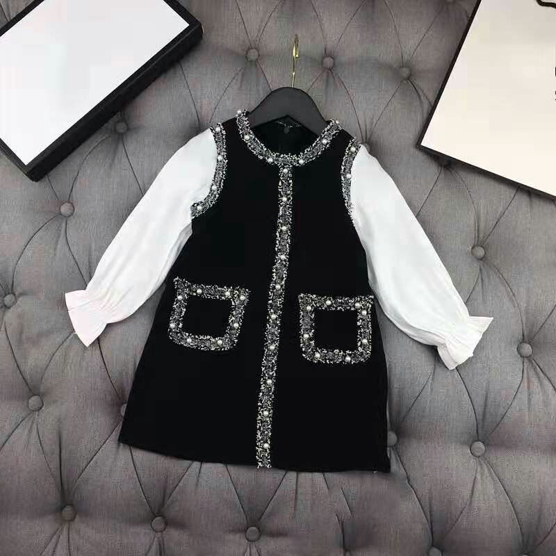 

Spring Autumn girls dress baby vestidos kids dress children brand clothes fashion pearl pocket floral cuff 4 to 12 yrs, Black white