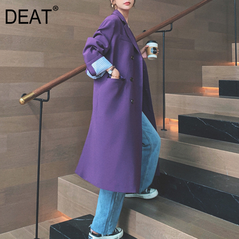 

DEAT] 2020 Women' Coat Full Sleeve Lapel Over Size Striped Roll Mid Calf Length Casual Purple Wild Trench Autumn Fashion AM790