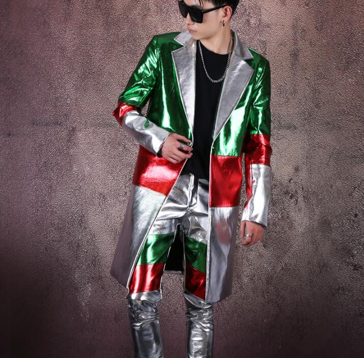 

Blazer men suit Stitching leather jackets mens Mid-length suits costume singer star style dance stage PU leather clothing b606, Photo