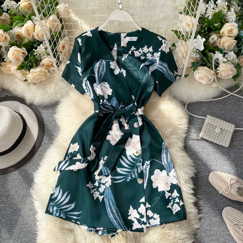 

Jumpsuit Summer Wear for Women 2020 New Fashion Sexy V-neck Lace-up High Waist Slimming Wide Leg Playsuits Overalls N219, Green