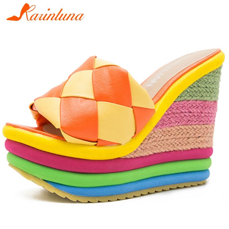 

Karin 2020 Hot Sale Big Size 43 Wedge High Heels Colorful Shoes Woman Slippers Slip On Platform INS Summer Slippers, Blue
