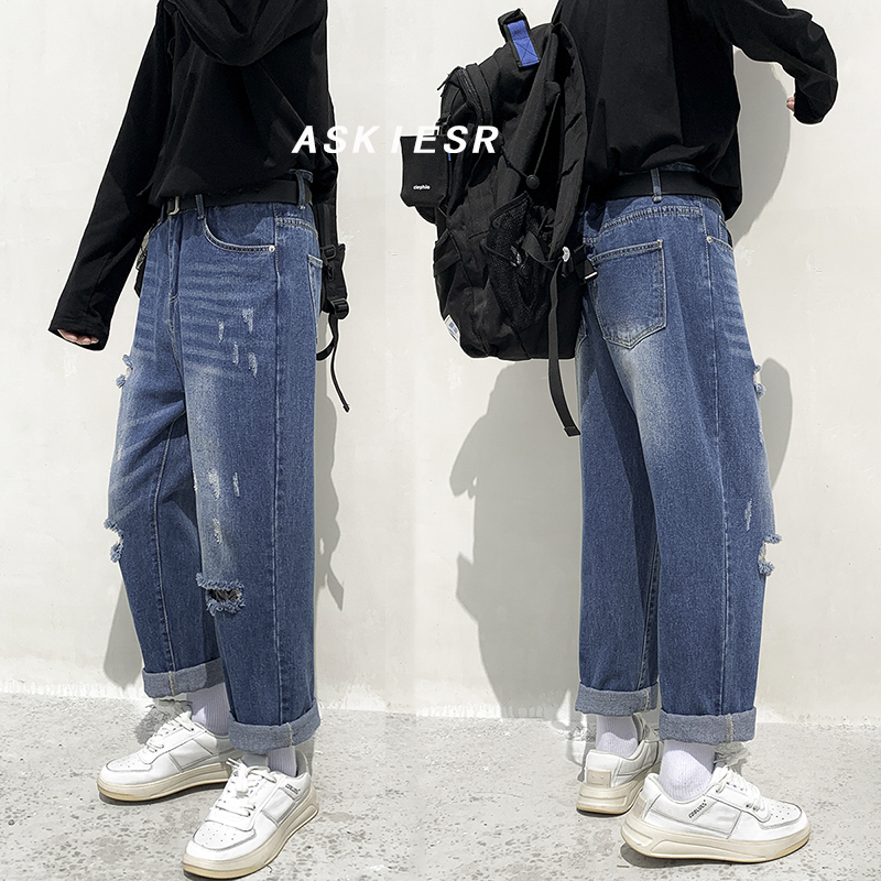 

Denim Destruction jeans men 2020 new loose cotton jeans man autumn tapered pants trend soft cotton street-wind, Blue