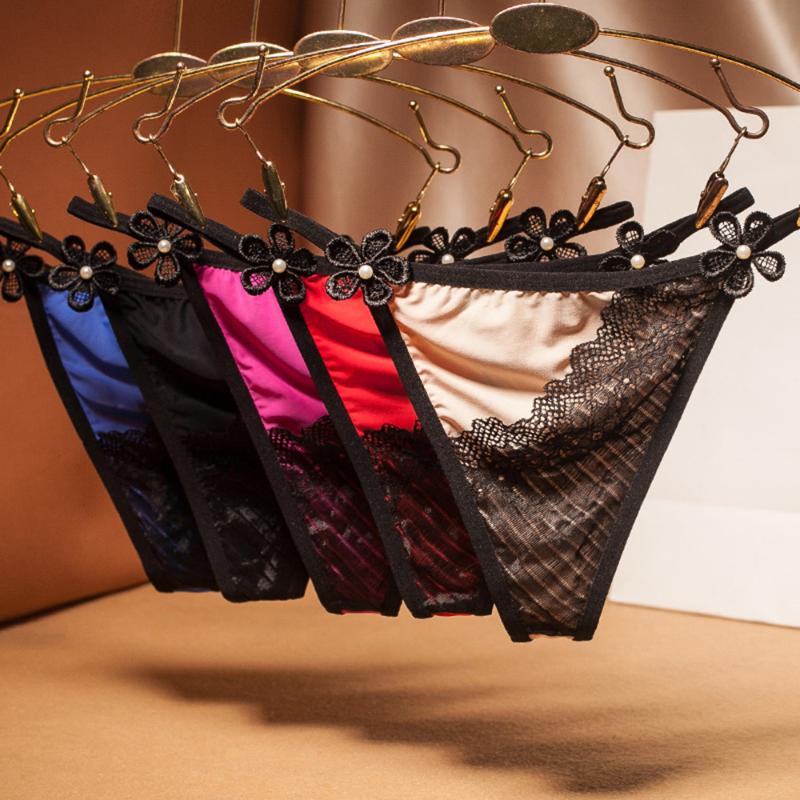 

Summer New Japanese Lace Thong Feminine Silky and Seamless Girl Panties G-String Briefs, Red