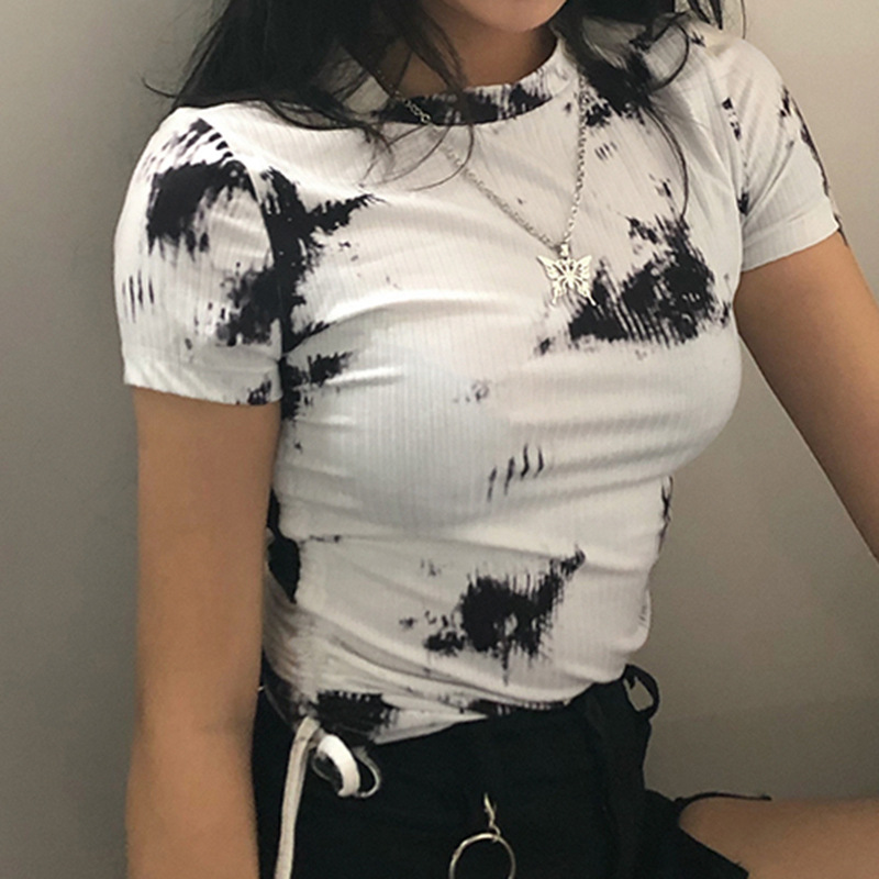 

Women' Sexy Tie-dye Short Tees O-neck Two Side Drawstring Design Tops Ink Print Bodycon T-shirt for Ladies and Girls Clothes, White