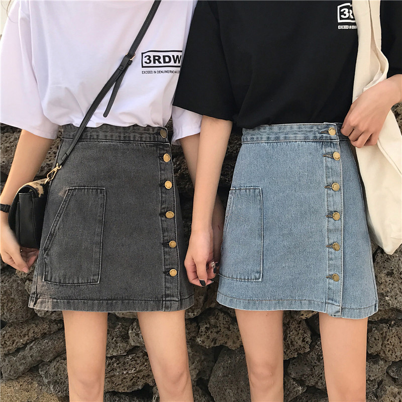 

2020 Summer Womens A-Line Jeans Skirt Fashion Button High Waist Small Pockets Mini Skirt, Burgundy