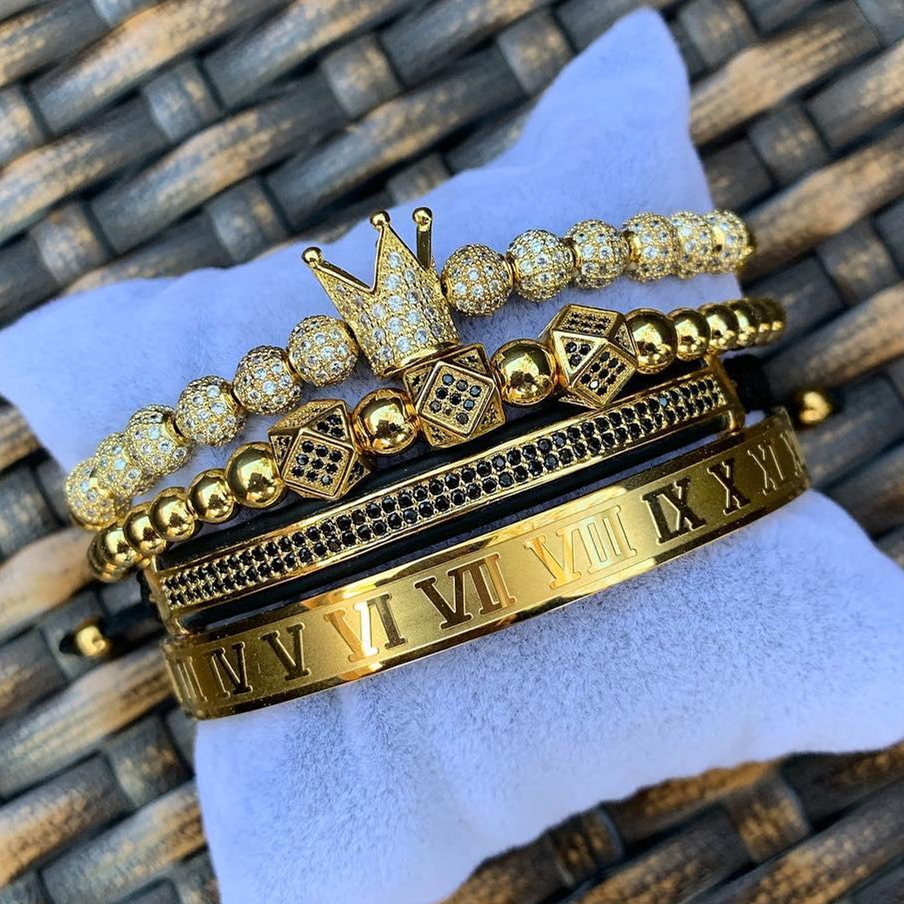 

4Pcs/Set Hot Sale Classical Handmade Braiding Bracelet Gold Men Pave CZ Zircon Crown Roman Numeral Stainless Steel Bracelet Luxury Jewelry