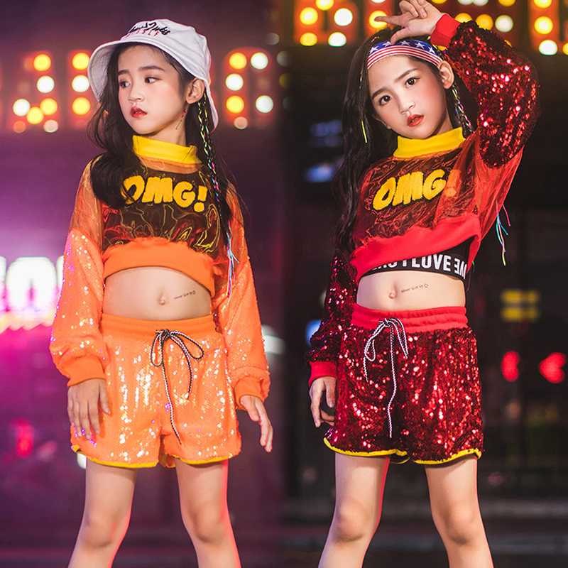 

Kids Jazz Costume Hip Hop Clothes Girls Sequined Performing Costumes HIPHOP Set Street Dancing Show Stage Outfit Children DB2232, Rose red 3pcs