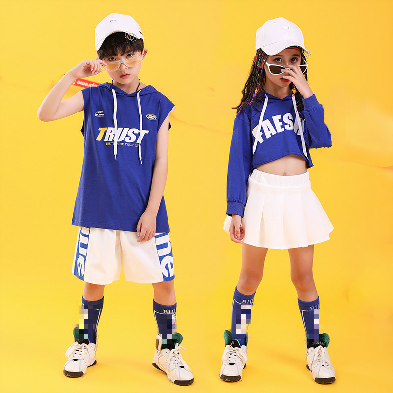 

Children Hip Hop Performance Clothes Hoodie Shorts Skirt Boys Girls Cheerleading Costumes Jazz Dance Running Sportwear Outfits, White skirt