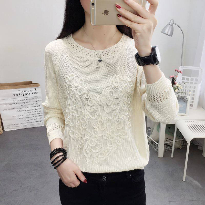 

2020 Autumn Hollow Out Long Sleeve Pullovers Sweater Tops Casual Long Sleeve Knitting Ladies Pull Jumper Female Fashion Tops, Beige