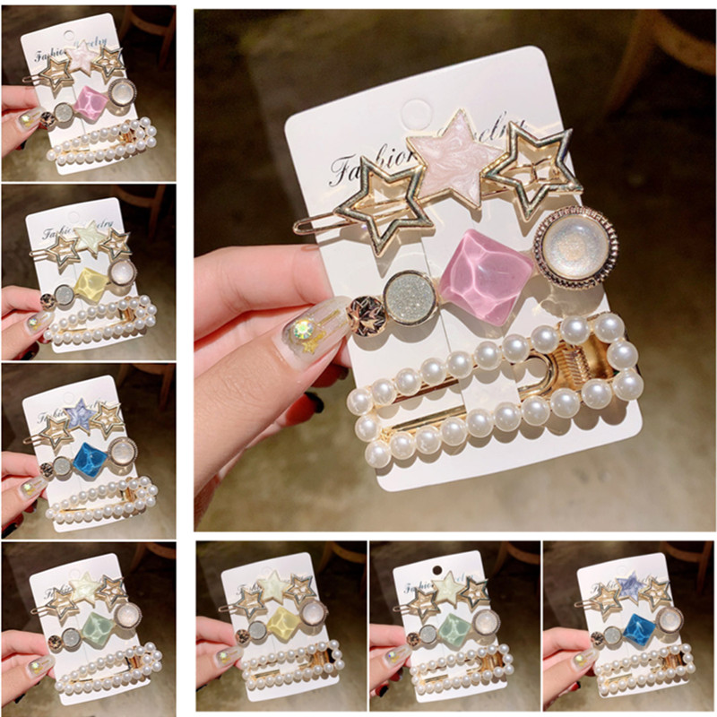 

10set/lot Simulated Pearl Crystal Hairpin Clips For Princess Girl Hair Accessories Korean Fashion Acrylic Gold Barrette Jewelry, Set 2