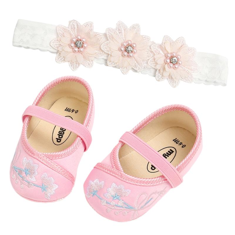 

Newborn Infant Baby Girls Summer Princess Shoes Headband Set Casual Prewalker with Flower Headwear Baby Soft Sole Shoes, Black