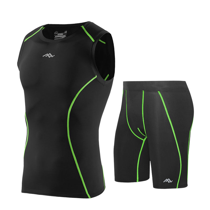 

2020 summer new sports tights suit men's fitness clothing Slim stretch men's quick-drying high elastic compression vest + shorts, Black