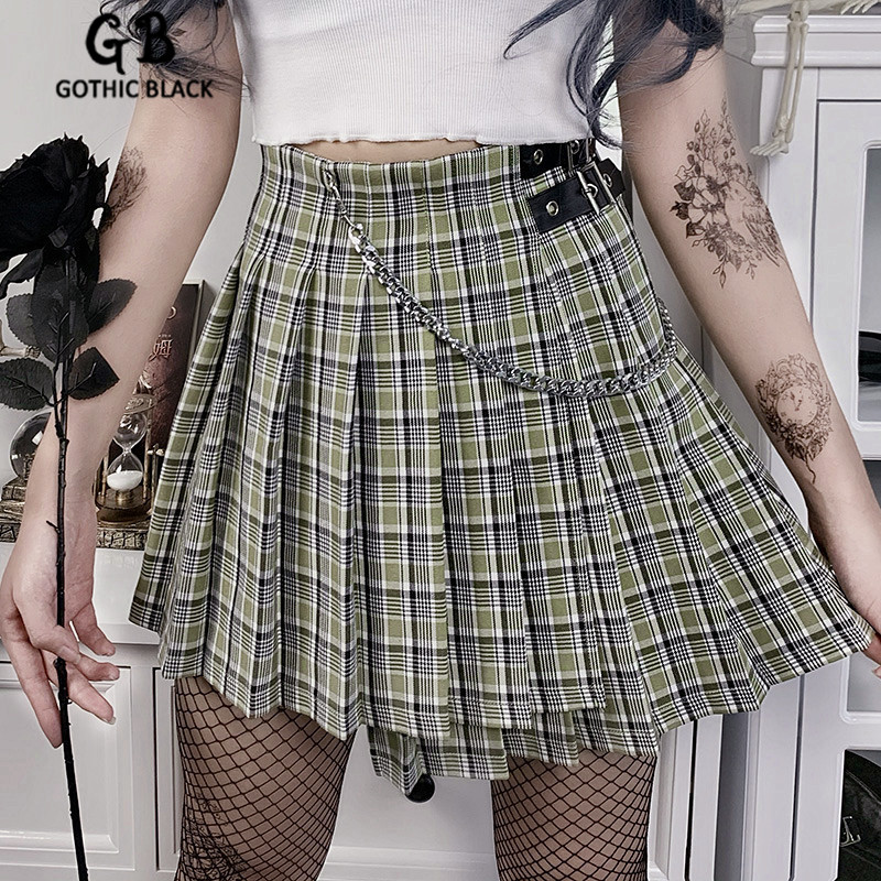 

Gothblack Streerwear High Waist Mini Skirts Gothic Women Plaid Splice Chain Pleated Skirt 2020 Summer New Sexy Harajuku Skirt, Army green