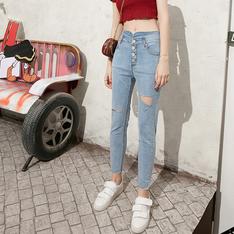 

Blue Solid High Waist Washed Casual Denim Jeans Woman 2020 Summer Pure Ripped Korean Ladies Daily Skinny Trousers