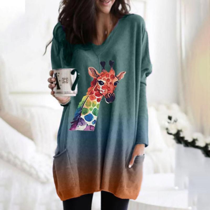 

#H40 Gradient Color Print Women Long Blouse Shirts V Neck Tie Dye Pocket Long Sleeve Womens Tops And Blouses Blusa Feminina, Green
