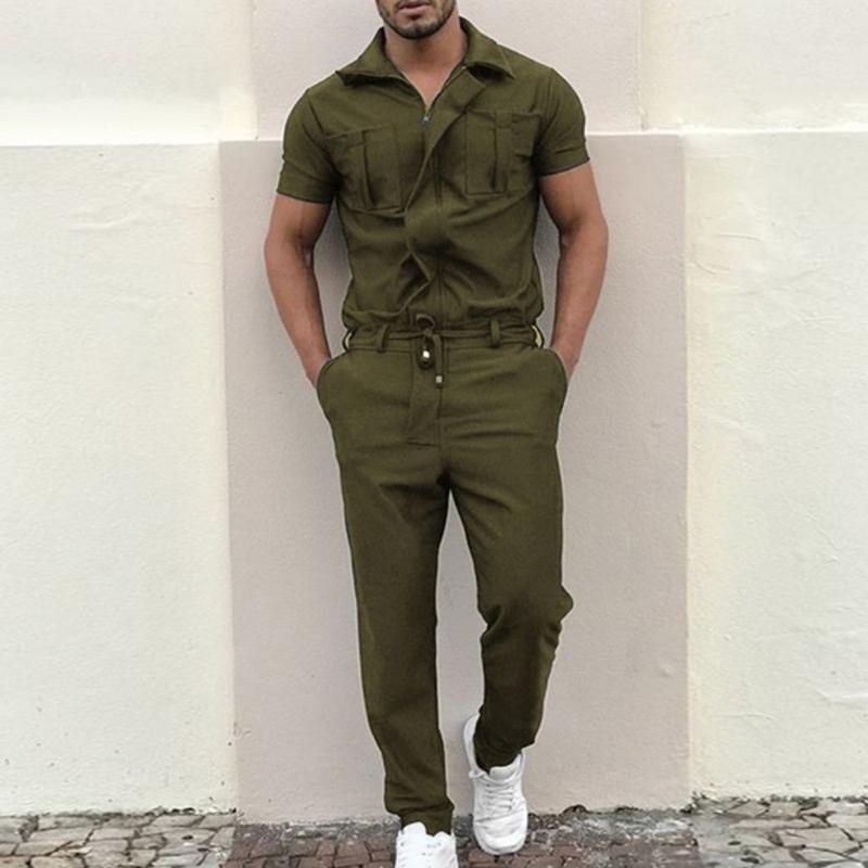 

Men's Casual Short Sleeve Jumpsuit Overalls One-Piece Sport Zipper Streetwear Men's One-piece Woven Suit Bodysuit, Blue
