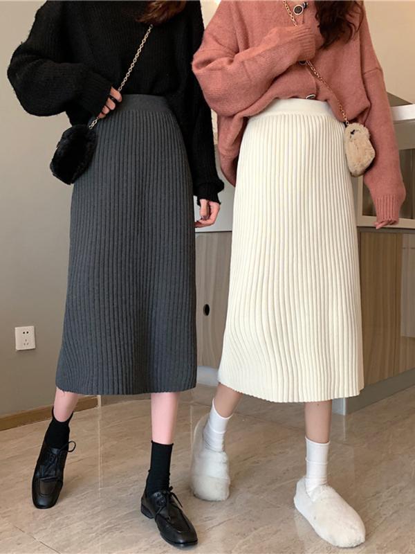 

2020 Elastic Band Skirt Women Winter Knitted Skirt Female Straight Ribbed Mid-length Skirts, Beige
