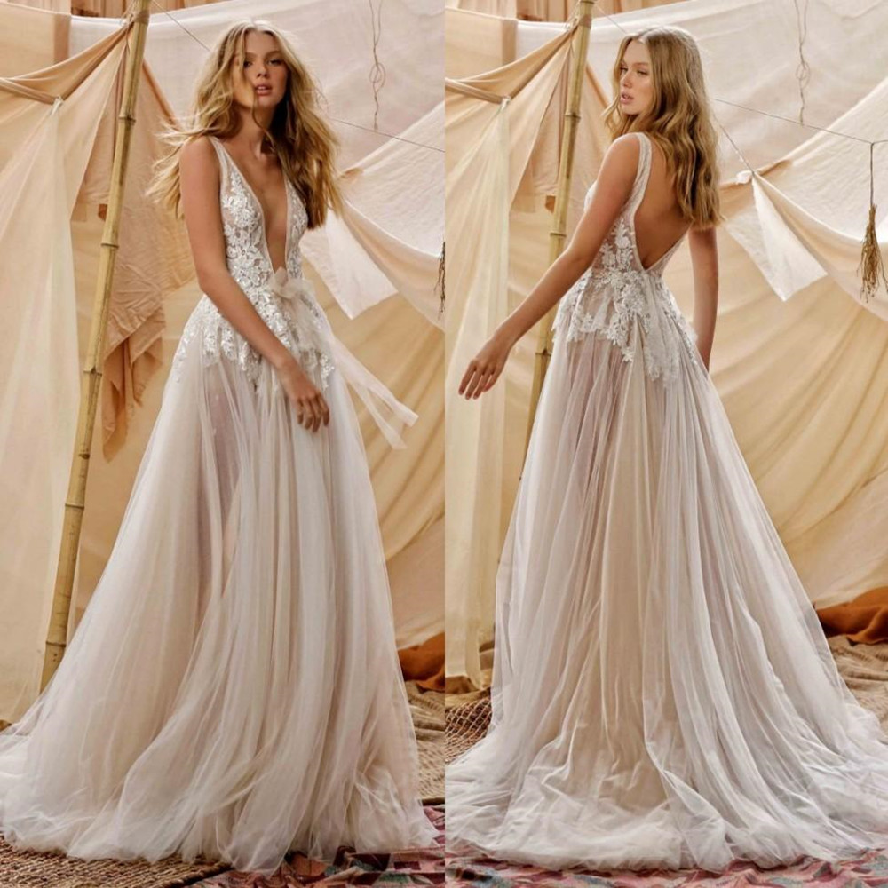 

Berta 2021 Wedding Dresses Deep V Neck Appliques Lace Bridal Gowns Custom Made Backless Sweep Train A-Line Wedding Dress robe de mariée, Silver