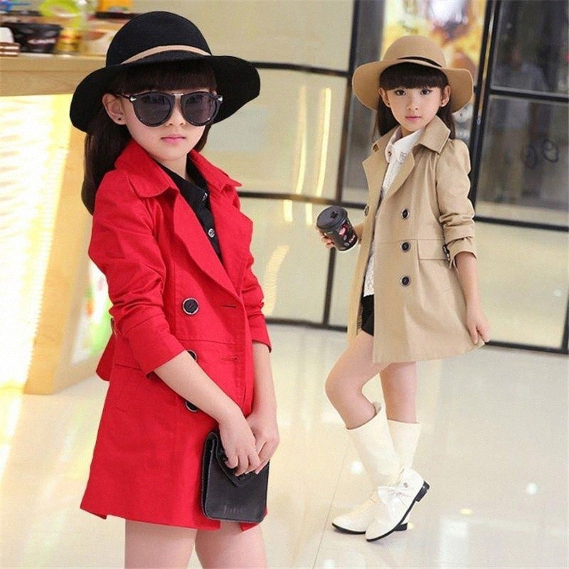 

New Spring Autumn Girls Long Trench Coat Double Breasted Quilted Button Up Kids Fashion Jackets With Belt Children Costumes iKvx#, As picture