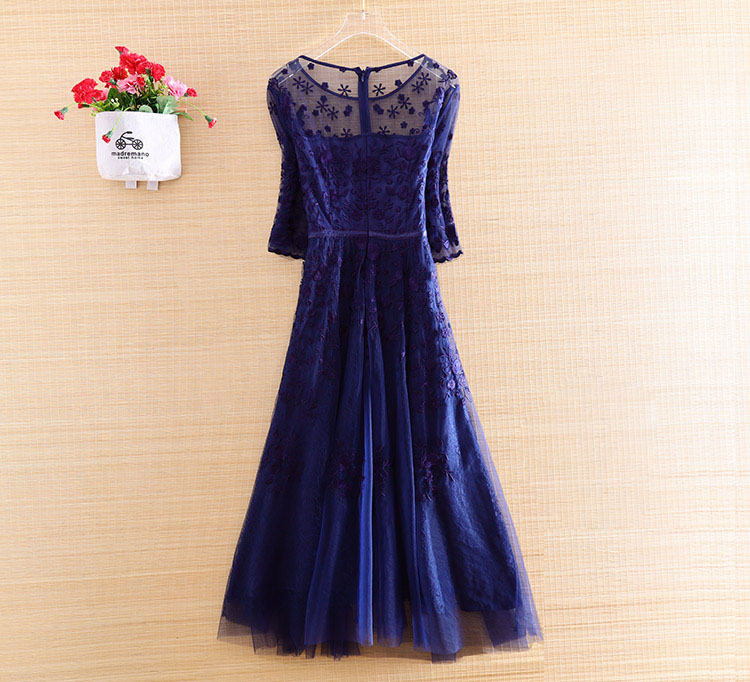 

High-end Summer Women Beading Dresses Embroidery Elegant Lady Slim A-line Party Embroidered Mesh Dress -XXL, Blue